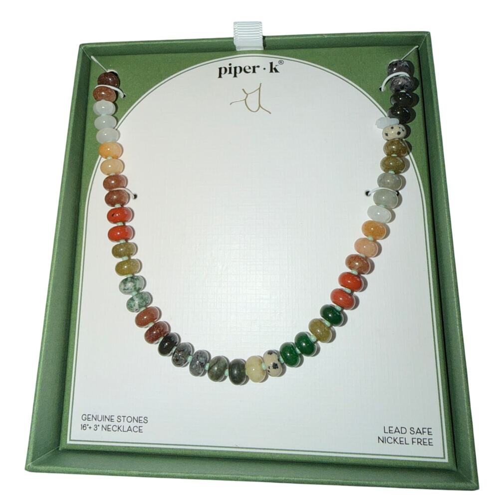 Piper K Genuine Stone Rainbow earth tones red green gray Beaded Necklace (NWT)